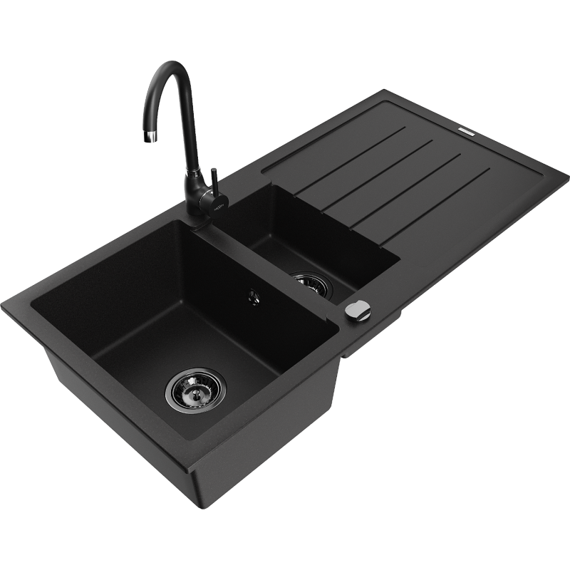 Mexen Andres granitinė 1,5 kamerų plautuvė su drenažu ir Telma virtuviniu maišytuvu, juoda - 6515-77-670200-70-B