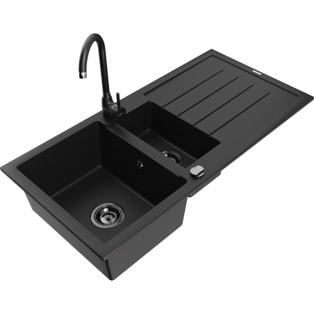 Mexen Andres granitinė 1,5 kamerų plautuvė su drenažu ir Telma virtuviniu maišytuvu, juoda - 6515-77-670200-70-B