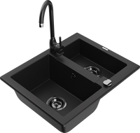 Mexen Carlos granitinė kriauklė 1,5 kamerų su virtuviniu maišytuvu Telma, juoda - 6518-77-670200-70-B