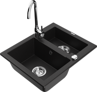 Mexen Carlos granitinis virtuvinis kriauklė 1,5 kameros su Telma virtuvine maišytuvu, juodas - 6518-77-670200-00