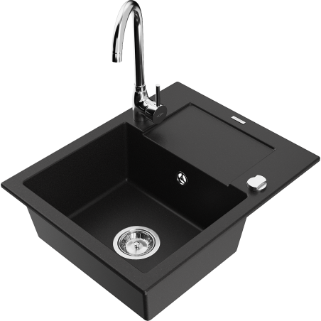 Mexen Enzo 1-komorinis granito kriauklė su nusausinimo skyriumi ir virtuvės maišytuvu Telma, juoda - 6506-77-670200-00