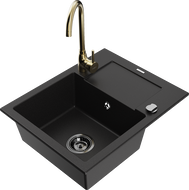 Mexen Enzo vienos dubens granitinė virtuvinė plautuvė su nusausinimo zona ir Telma maišytuvu, juoda - 6506-77-670200-50-B