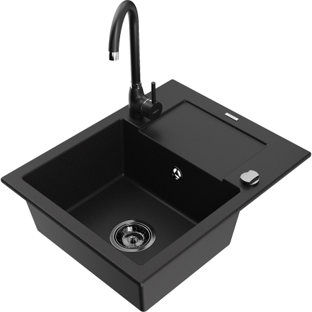Mexen Enzo vienos kameros granitinė kriauklė su nutekamu ir virtuviniu maišytuvu Telma, juoda - 6506-77-670200-70-B