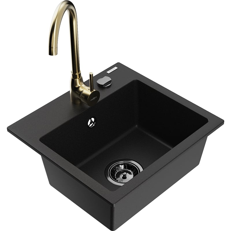Mexen Milo vienos kameros granitinis plautuvas su virtuvės maišytuvu Telma, juodas - 6505-77-670200-50-B