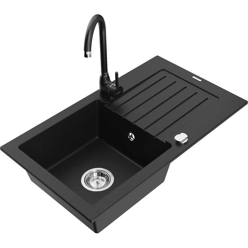 Mexen Pablo granitinė plautuvė su viena talpa, nutekėjimu ir virtuviniu maišytuvu Telma, juoda - 6510-77-670200-70