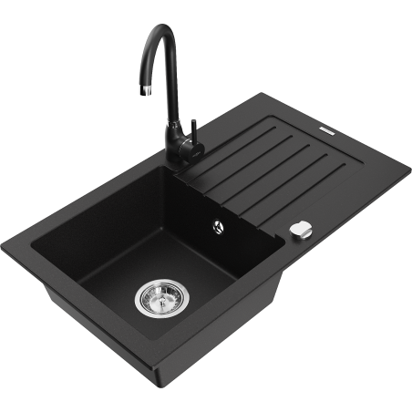 Mexen Pablo granitinė plautuvė su viena talpa, nutekėjimu ir virtuviniu maišytuvu Telma, juoda - 6510-77-670200-70