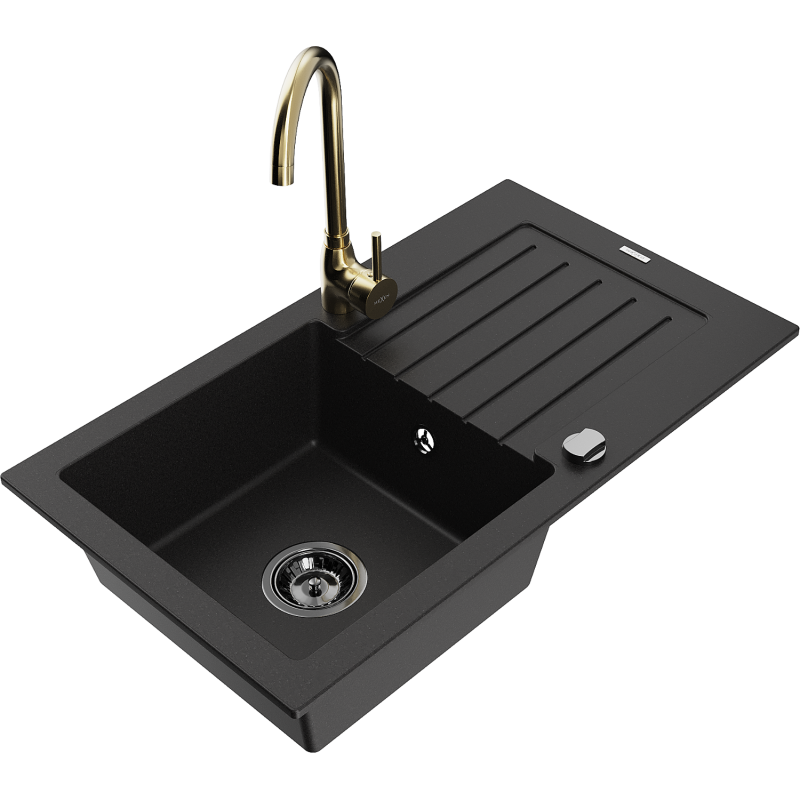 Mexen Pablo granitinė kriauklė 1-dubenėlio su nutekančiu paviršiumi ir virtuviniu čiaupu Telma, juoda - 6510-77-670200-50-B