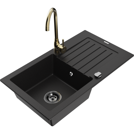 Mexen Pablo granitinė kriauklė 1-dubenėlio su nutekančiu paviršiumi ir virtuviniu čiaupu Telma, juoda - 6510-77-670200-50-B