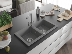 Mexen Mario dviejų skyrių granitinė plautuvė su Duero virtuviniu maišytuvu, pilka - 6504-71-671600-71