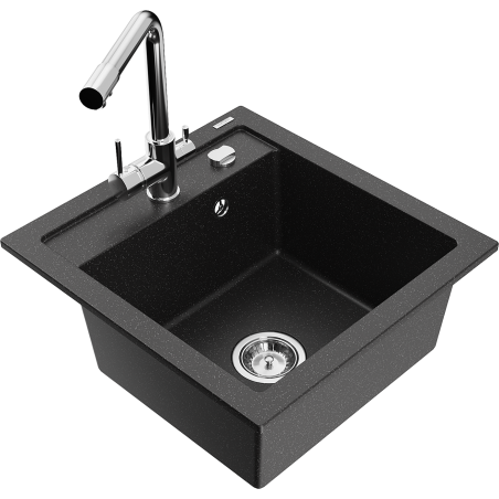 Mexen Vito granito plautuvė su viena kamera ir virtuviniu maišytuvu Duero, juoda/sidabrinė metalika - 6503-73-671600-00