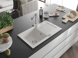 Mexen Pablo 1 skyriuje granitinė kriauklė su išleidimu ir virtuvės čiaupu Duero, balta - 6510-20-671600-00