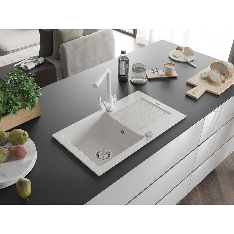Mexen Pablo granitinis vienos kameros plautuvė su nutekėjimu ir virtuviniu maišytuvu Duero, baltas - 6510-20-671600-20