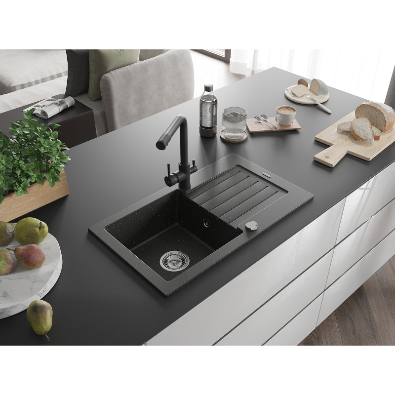 Mexen Pablo granitinė vienos dalies kriauklė su nusausintuvu ir virtuviniu maišytuvu Duero, juodas/auksinis metalikas