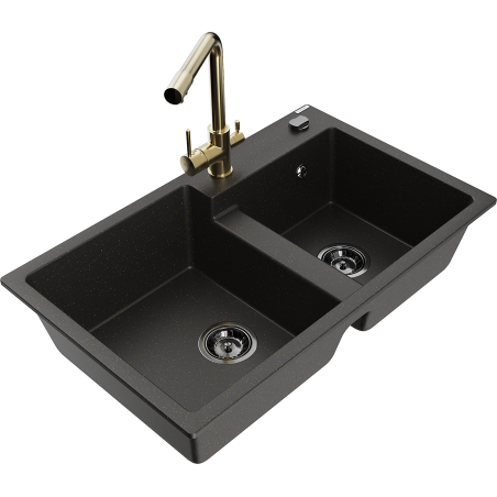 Mexen Tomas granito plautuvė su 2 kameromis ir Duero virtuviniu maišytuvu, juoda/auksinis metalikas - 6516-75-671600-50-B