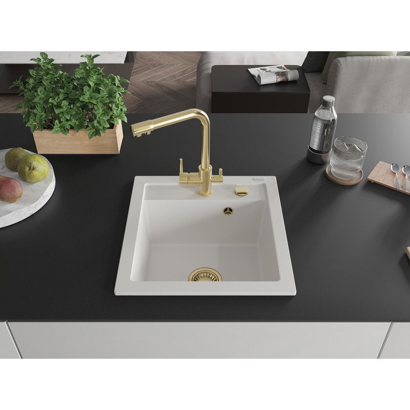 Mexen Vito granitinis virtuvės plautuvas su 1 kamera, su maišytuvu Duero, baltos - 6503-20-671600-50