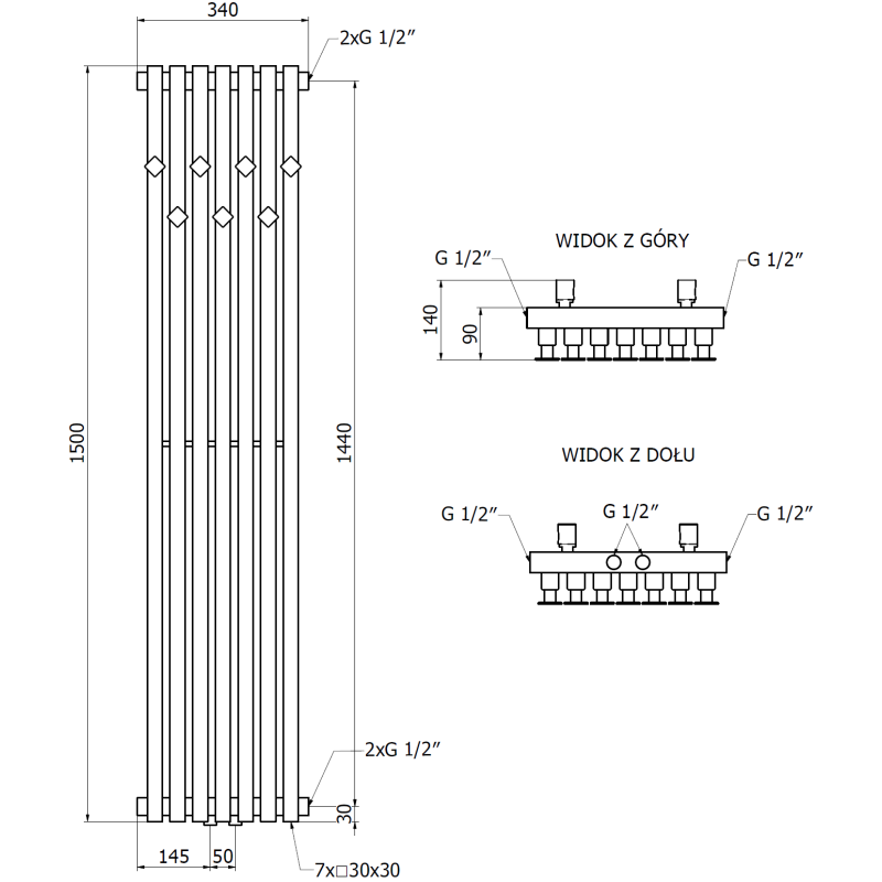 Mexen Flux Dekoratyvinis vonios kambario radiatorius 1500 x 340 mm, 630 W, juodas - W127-1500-340-00-70
