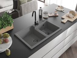 Mexen Tomas granitinis dviejų skyrių virtuvės plautuvė su maišytuvu Telma, pilka - 6516-71-670200-70-B