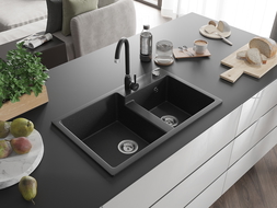 Mexen Tomas dviejų skyrių granito plautuvė su virtuviniu maišytuvu Telma, juodas/sidabrinis metalikas - 6516-73-670200-70