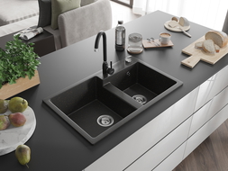 Mexen Tomas granitinė dviejų kamerų plautuvė su virtuviniu maišytuvu Telma, juoda/aukso metalinė - 6516-75-670200-70