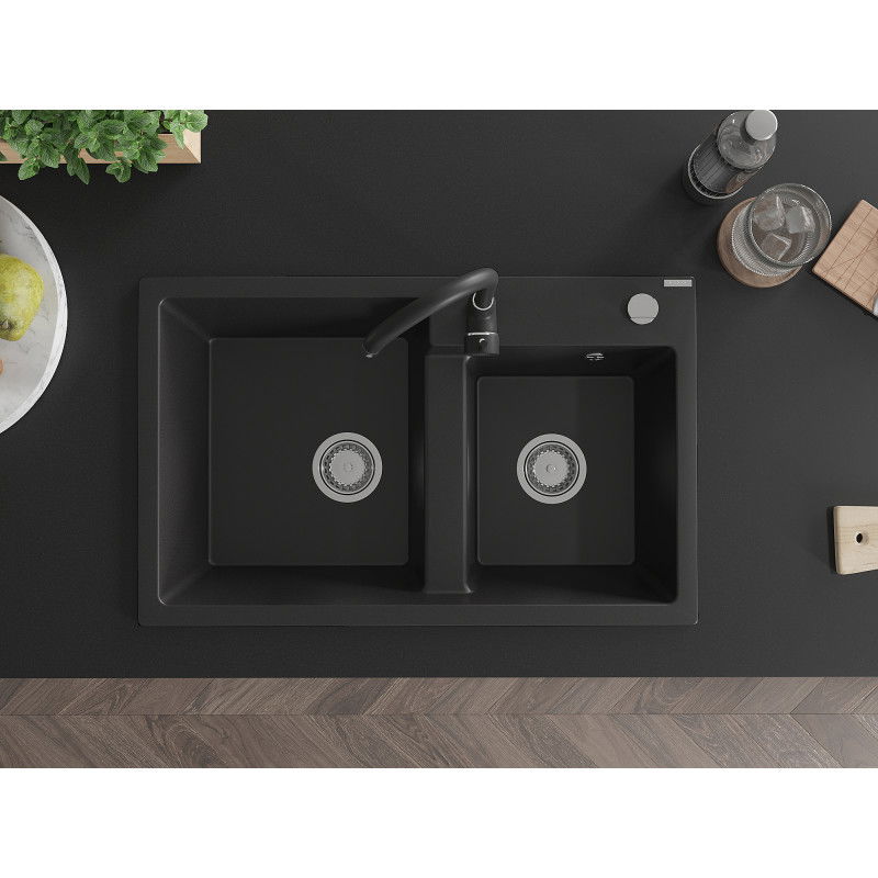Mexen Tomas granito plautuvė su dviem kameromis ir virtuviniu maišytuvu Telma, juoda - 6516-77-670200-70