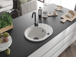 Mexen Kevin vienos plautuvės granito kriauklė su nutekamu ir virtuviniu maišytuvu Telma, balta - 6517-20-670200-70