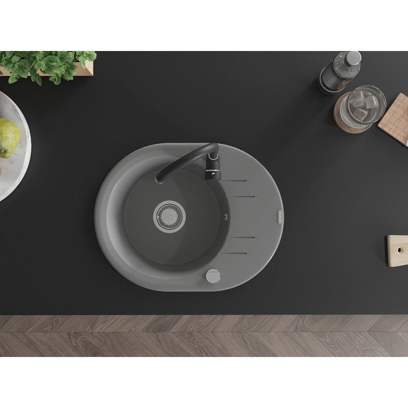 Mexen Kevin vienos kameros granito plautuvė su nutekėjimo skyriumi ir virtuviniu maišytuvu Telma, pilka - 6517-71-670200-70