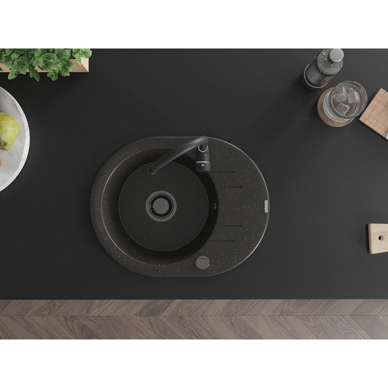 Mexen Kevin 1 kamerų granito kriauklė su nutekamąja dalimi ir Telma virtuvės maišytuvu, juoda/auksinė metalo