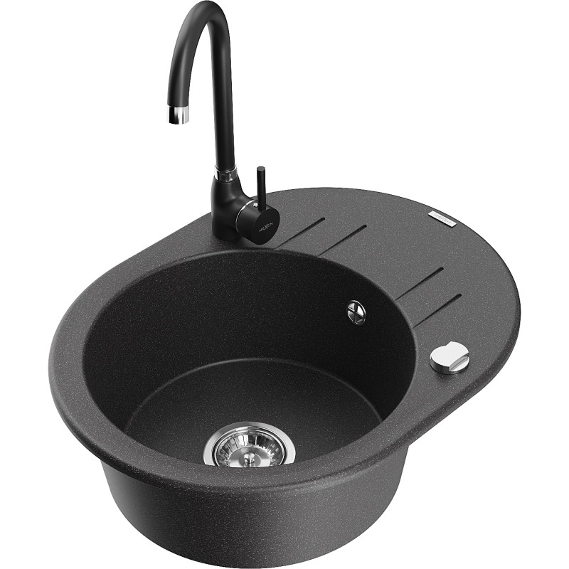 Mexen Kevin granitinė vienos kameros kriauklė su padėklu ir virtuviniu maišytuvu Telma, juoda dėmėta - 6517-76-670200-70