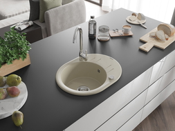 Mexen Kevin 1-komorų granitinė plautuvė su nusausintuvu 586 x 458 mm, smėlio spalvos, chromuotas sifonas - 6517581005-69