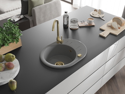 Mexen Kevin vienguba granitinė plautuvė su džiovykle 586 x 458 mm, Pilka, sifonas Auksinė - 6517581005-71-G