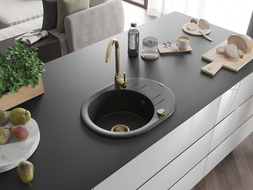 Mexen Kevin vienguba granitinė plautuvė su džiovykle 586 x 458 mm, Juoda/Auksinė metallic, sifonas Auksinė - 6517581005-75-G