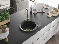 Mexen Kevin vienguba granitinė plautuvė su džiovykle 586 x 458 mm, Juodai dėmėtas, sifonas Auksinė - 6517581005-76-G