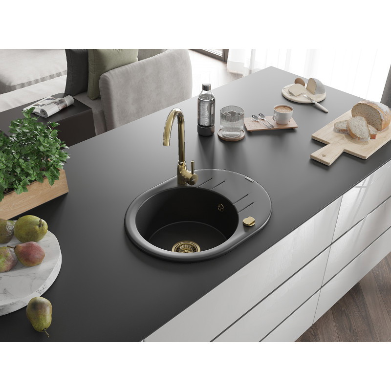 Mexen Kevin granitinė vienos kriauklės praustuvas su indaplove 586 x 458 mm, juodas, sifonas auksinis - 6517581005-77-G