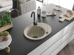 Mexen Kevin vienguba granitinė plautuvė su džiovykle 586 x 458 mm, Smėlio spalvos, sifonas Juoda - 6517581005-69-B