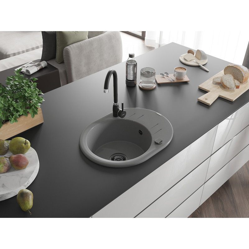 Mexen Kevin granitinė vienos kameros plautuvė su nuvarvų paviršiumi 586 x 458 mm, pilka, juodas sifonas - 6517581005-71-B