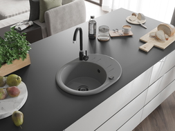 Mexen Kevin vienguba granitinė plautuvė su džiovykle 586 x 458 mm, Pilka, sifonas Juoda - 6517581005-71-B