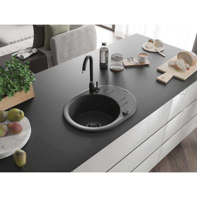 Mexen Kevin granitinė didelė plautuvė su nutekėjimu 586 x 458 mm, juoda taškuota, juodas sifonas - 6517581005-76-B