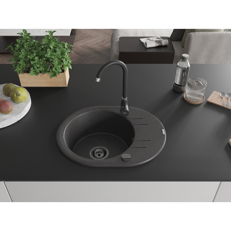 Mexen Kevin granitinė didelė plautuvė su nutekėjimu 586 x 458 mm, juoda taškuota, juodas sifonas - 6517581005-76-B