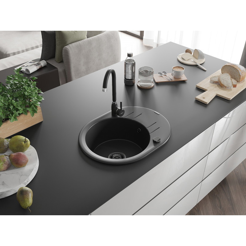 Mexen Kevin granitinė vienos kameros kriauklė su nuvarvėjimo plokšte 586 x 458 mm, juoda, sifonas juodas - 6517581005-77-B