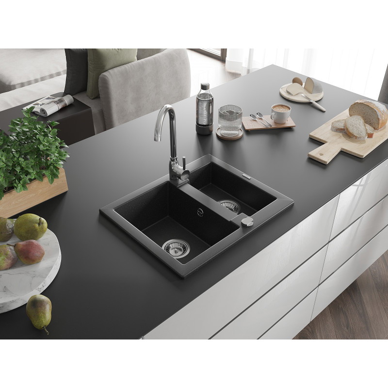 Mexen Carlos 1,5 kamerų granitinė plautuvė 582 x 475 mm, juoda/sidabrinis metalikas, chromuotas sifonas - 6518581500-73