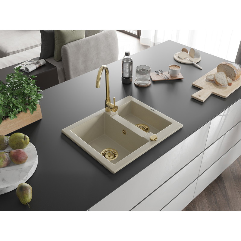 Mexen Carlos granito plautuvė 1,5 skyrių 582 x 475 mm, smėlio spalvos, aukso sifonas - 6518581500-69-G