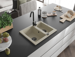 Mexen Carlos pusantrinė granitinė plautuvė 582 x 475 mm, Smėlio spalvos, sifonas Juoda - 6518581500-69-B