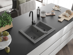 Mexen Carlos pusantrinė granitinė plautuvė 582 x 475 mm, Pilka, sifonas Juoda - 6518581500-71-B