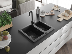 Mexen Carlos pusantrinė granitinė plautuvė 582 x 475 mm, Juoda, sifonas Juoda - 6518581500-77-B